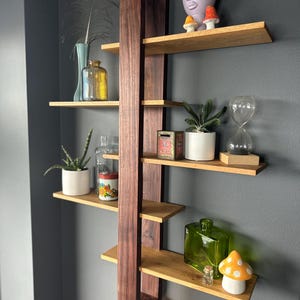 May include: A wooden wall shelf unit with five shelves. The shelves are made of light wood and the frame is made of dark wood. The shelves are decorated with plants, vases, and other decorative items.
