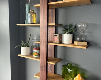 Handcrafted MCM Floating Shelf: Two-Tone Walnut & Oak Wall Decor