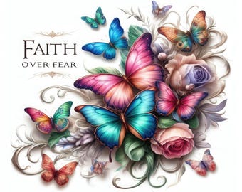 Hermoso vaso delgado con forma de mariposa que dice "La fe sobre el miedo"