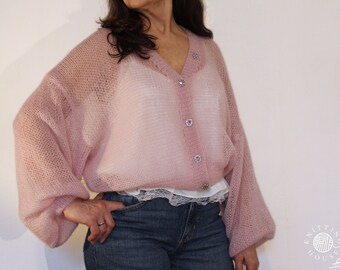Lichte zijden mohair trui | Losvallende trui | Handgebreide trui | Luchtdunne trui | Delicaat vrouwelijk vest | Roze vest