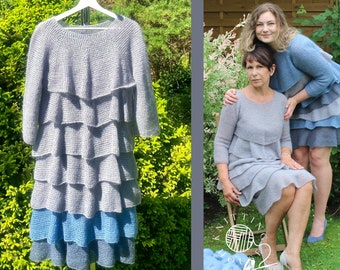 LIGHT GREY with blue and grey bottom crochet dress / Mohair and Silk dress / Formal dress / Round Neckline / Knitted dress / Warm dress