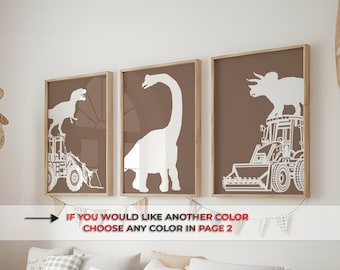 Dinosaur & Construction Truck Nursery Prints | T-Rex, Triceratops | Baby Boy room Decor (Digital Download)