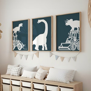 Dinosaur and Construction Truck Room Decor Set, Boy&#39;s Bedroom Wall Art Bundle, T-Rex, Dump Truck, Triceratops Prints for Baby Boy&#39;s Nursery
