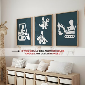 Funny Dinosaurs and Construction trucks room decor | Boy room wall art | T-Rex print | dump truck | Baby Boy Decor | Triceratops Poster