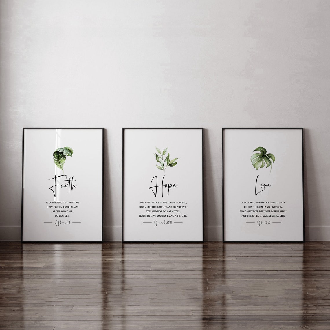 Faith Hope Love, Set of 3 Printable Wall, Bible Verse Wall Art, Green