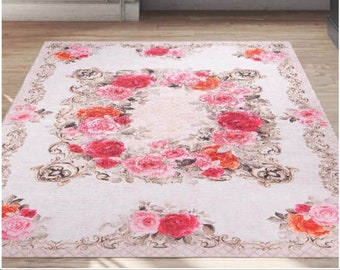 Rug with Roses, 8x10 Rug, Red Pink White Rug, Decorative Area Rug, Rug For Living Room, Boho Decor Rug, 9x12 Rug, 7x10 Rug, Carpet (AL263)