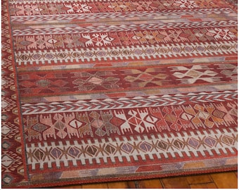 Türkischer Teppich 200x300, Roter Nomaden Kelim Teppich, Orientalischer Teppich, Kelimteppich, Teppich für Wohnzimmer, Boho Deko (BA43)