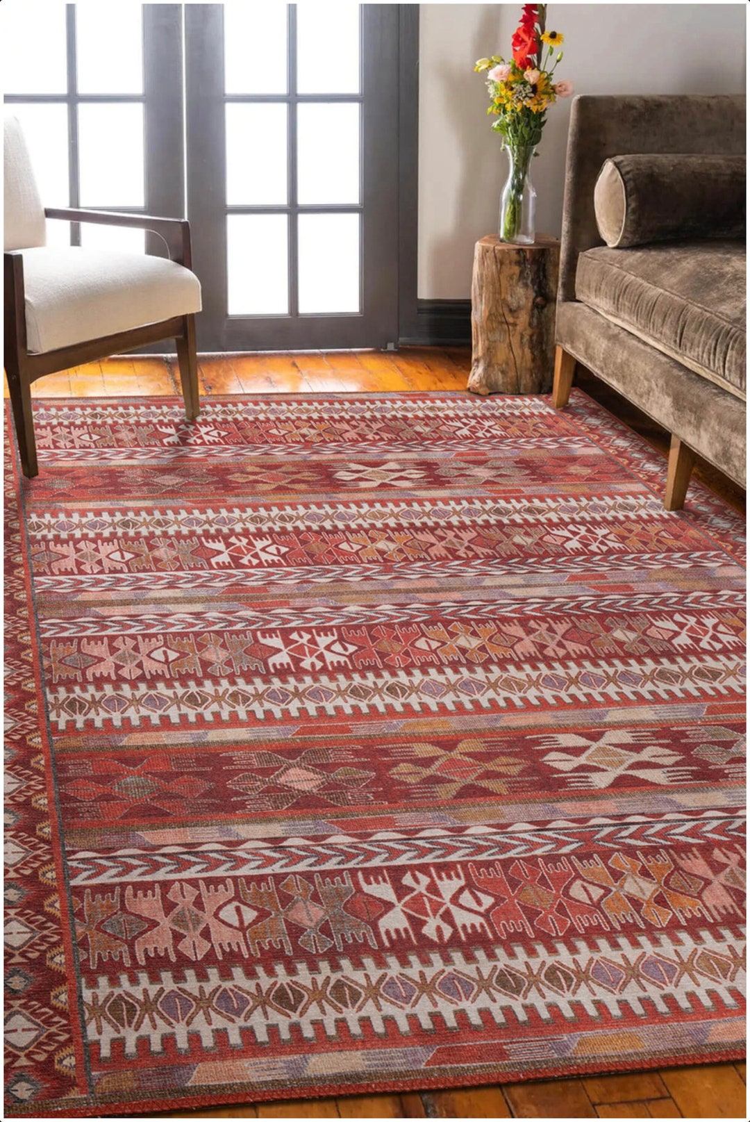 Red Turkish Style Rug Turkish Rug 8x10, Red Nomadic Kilim Looking Rug, Oriental Decor Rug ...