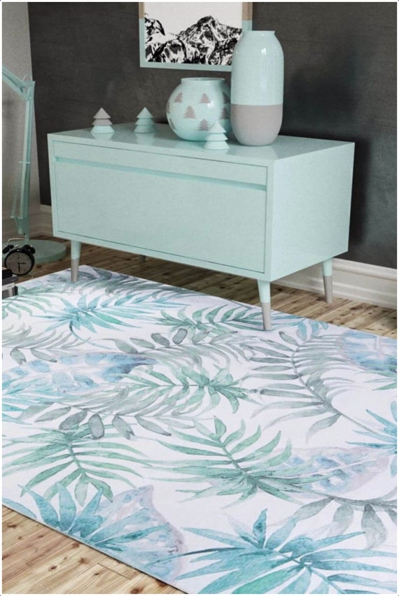 Blue Leaf Rug 8x10, Modern Retro Rug, Gift for Home, Decorative Area Rug, Rug For Living Room, Boho Decor Rug, 9x12 Rug, 7x10 Carpet AL149