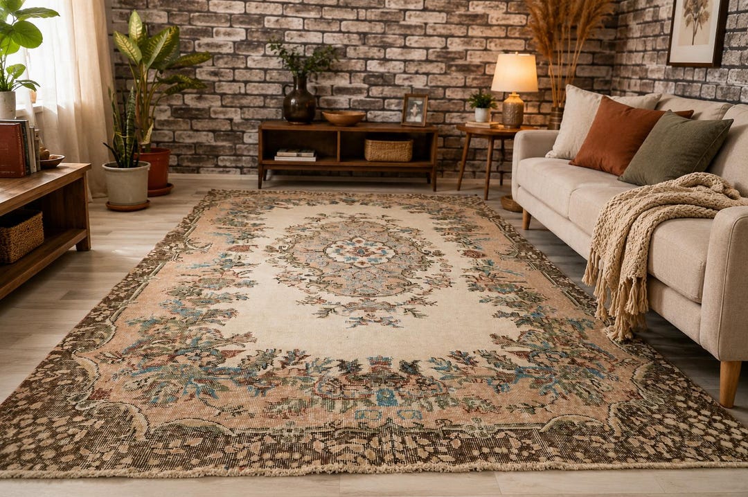 Vintage Oushak Turkish Rug, 6x10 Floral Beige Area Rug, Salmon