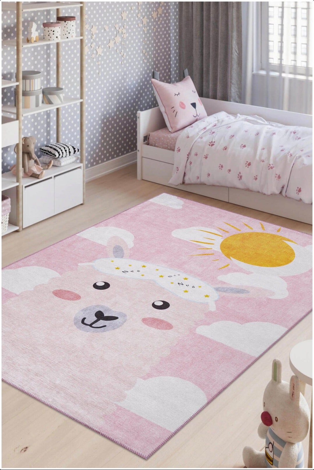 Pink Nursery Rug for Girls, Lama and Sun, Nursery Rug Round, Kid's Room