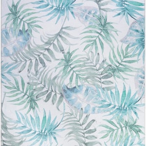 May include: A watercolor pattern featuring a repeating design of green and blue tropical leaves on a white background.