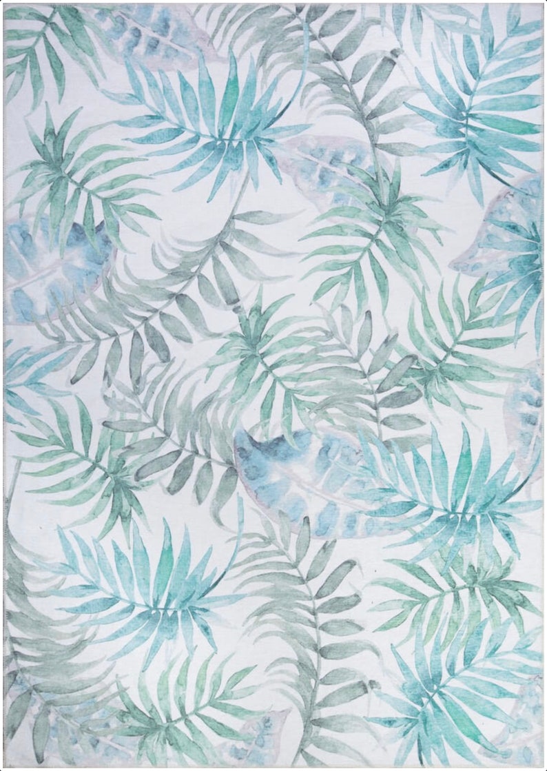 May include: A watercolor pattern featuring a repeating design of green and blue tropical leaves on a white background.