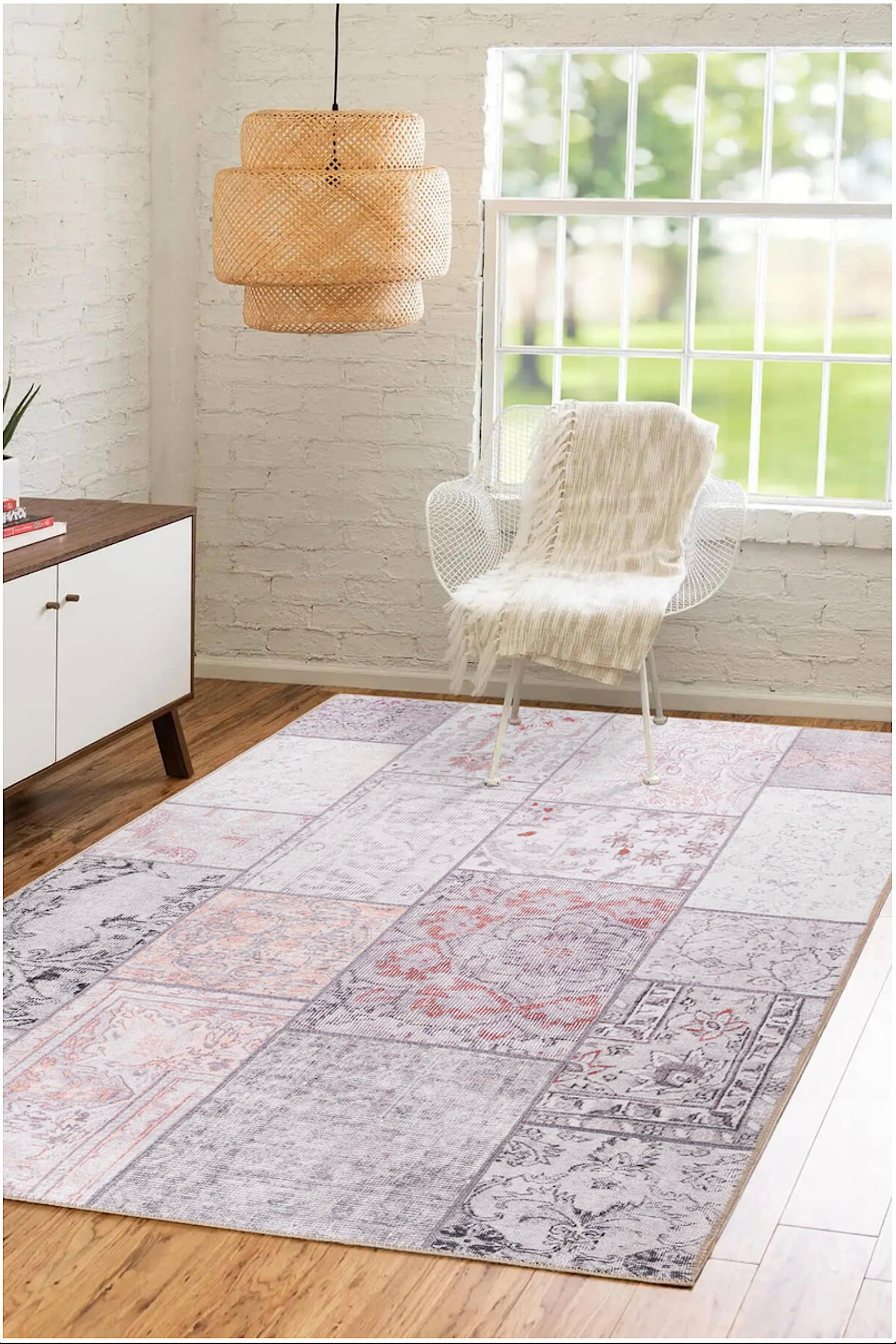 グレーのトルコ風パッチワークラグ、ヴィンテージ ウシャックスタイル 