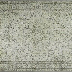 Pu&ograve; includere: Un tappeto vintage con sfondo verde chiaro e un motivo floreale dettagliato in nero. Il tappeto ha un bordo con un motivo geometrico.