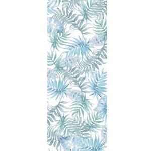 May include: A seamless pattern featuring watercolor blue and green tropical leaves on a white background.