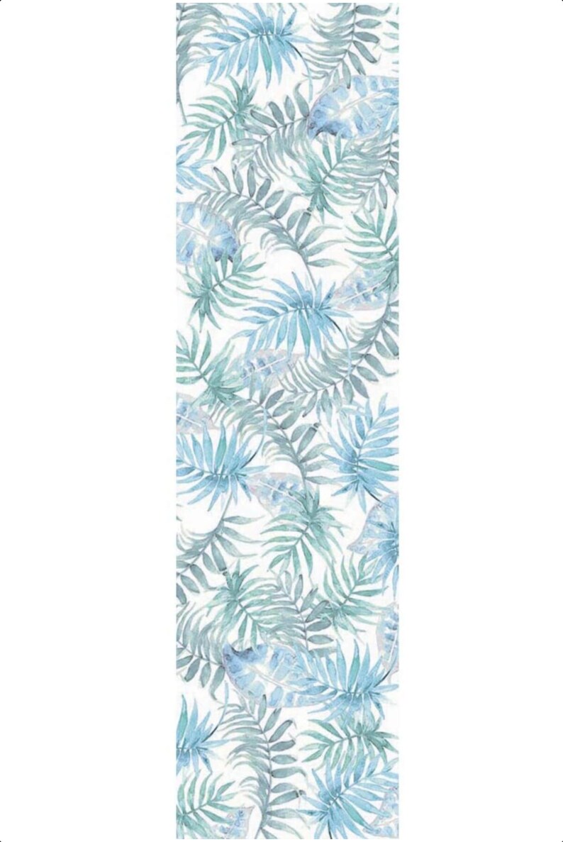 May include: A seamless pattern featuring watercolor blue and green tropical leaves on a white background.