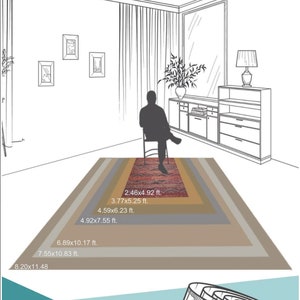 May include: A diagram showing different rug sizes in a living room setting. The rug sizes are shown in feet, with the smallest rug being 2.46 feet by 4.92 feet and the largest rug being 8.20 feet by 11.48 feet.