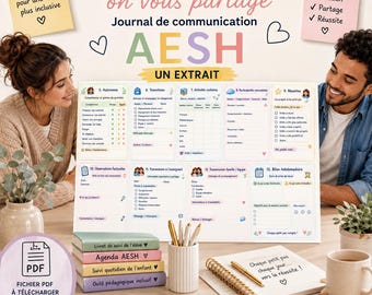 May include: A communication journal for AESH featuring a large printed chart with sections for autonomy, transitions, school activities, and weekly reports. Includes a stack of four colored notebooks, a pen holder, and a spiral-bound notepad.