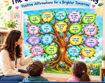 May include: A wall poster titled The Growing Tree of Positivity featuring a large tree with colorful leaves, each containing a positive affirmation like I am capable, I am brave, and I can succeed, set against a bright blue sky background.