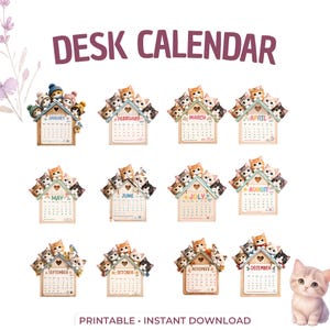 Puede incluir: Un calendario de escritorio imprimible con doce p&aacute;ginas mensuales en forma de casa, cada una con ilustraciones de gatitos. El texto DESK CALENDAR y PRINTABLE INSTANT DOWNLOAD es visible. Un peque&ntilde;o gatito aparece ilustrado en la esquina inferior derecha.