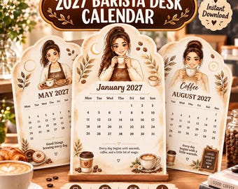 Puede incluir: Un calendario de escritorio 2027 Barista con tres páginas arqueadas para mayo, enero y agosto. Cada página muestra una ilustración en tonos marrones de una persona con café, fechas y texto, incluyendo 'Good things brewing every day' y 'Every day begins with warmth, coffee, and a little bit of magic.'