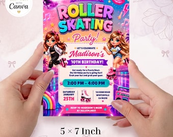 May include: A 5 by 7 inch roller skating party invitation featuring two cartoon characters, a disco ball, and neon graphics. The text reads: Roller Skating Party, Madison's 10th Birthday, January 25th, 2:00 PM to 4:00 PM, 123 Rink Road, Winterville, CA 90210, and RSVP to 563.824.0821.