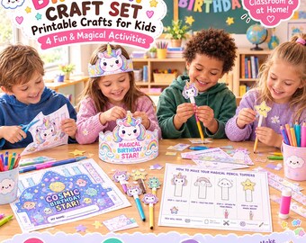 May include: A birthday craft set featuring printable activities for kids, including paper crowns with unicorn designs, pencil toppers, and instruction sheets. The set includes text such as Birthday Craft Set, Magical Birthday Star, and Cosmic Birthday Star.