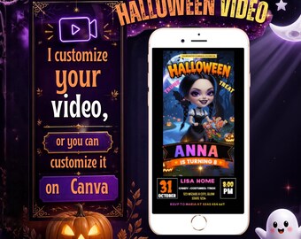 May include: A white smartphone displaying a digital Halloween invitation for an 8th birthday party for Anna, featuring a cartoon character, pumpkin graphics, and event details, alongside a sign stating I customize your video or you can customize it on Canva.