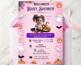 May include: A pink Halloween baby shower invitation featuring a baby with pigtails sitting next to a jack-o'-lantern. The card includes text: Halloween Baby Shower, For Little Miss, Join us for an unforgettable Halloween bash, Games, Prizes & Treats, 09 PM, 09/05/2025, 350 5th Ave, New York, NY 10118, USA, +133-567-7700, www.website.com.