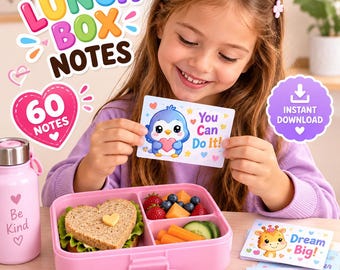 May include: A set of 60 lunch box notes featuring colorful illustrations of animals and motivational text like You Can Do It, Dream Big, and You Are Amazing. The set includes a pink lunch box with a heart-shaped sandwich and a pink water bottle.