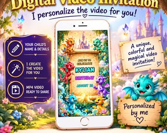 May include: A digital video invitation displayed on a smartphone screen featuring colorful cartoon dragons and a scroll with the text JOIN US TO CELEBRATE KYLIAN BIRTHDAY AUGUST 26. The graphic includes text about personalization and MP4 delivery.