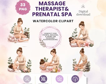 May include: A digital collection of 33 watercolor clipart illustrations featuring massage therapists and prenatal spa scenes. The graphics include various spa treatments, eucalyptus accents, and lotus flowers, presented with text labels.