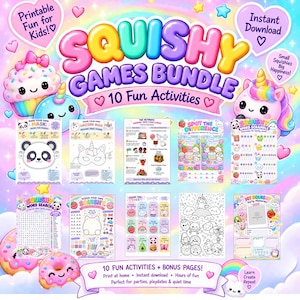 Peut inclure: Un ensemble d'activités imprimables intitulé Squishy Games Bundle comprenant 10 jeux amusants tels que des mots mêlés, des jeux des différences, des coloriages et des modèles de masques décorés de personnages de dessins animés colorés.