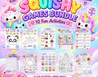 May include: A digital printable activity bundle titled Squishy Games Bundle featuring 10 fun activities including word searches, spot the difference, coloring pages, and mask-making templates decorated with colorful cartoon characters and rainbows.