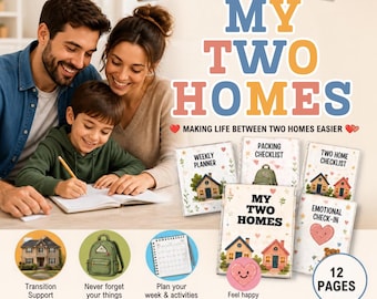 May include: A printable planner titled My Two Homes for kids and parents, featuring a weekly planner, packing checklist, two home checklist, and emotional check-in. The set includes 12 pages with illustrations of houses, backpacks, and hearts, designed to help organize life between two homes for children aged 3 to 9 years.