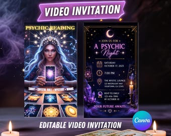 May include: A digital video invitation template for a psychic night event. The design features a mystical theme with a central figure holding a glowing card, tarot cards, crystals, and text details for a party on October 17, 2025, at 7:00 PM.