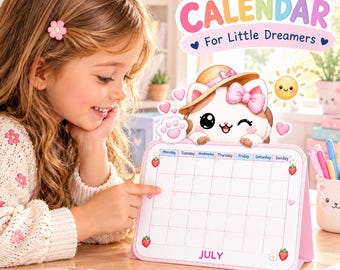 Puede incluir: Un calendario de escritorio rosa con un gato de dibujos animados que lleva un sombrero de paja y un lazo rosa. La cuadrícula del calendario muestra los días de la semana y el mes de julio. El texto superior dice: Cute Printable CALENDAR For Little Dreamers.