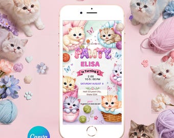 May include: A smartphone displaying a digital birthday invitation with the text PAWTY ELISA Is Turning 5, 2:00 TO 5:00 PM, SATURDAY AUGUST 8, Hall 123 pool City, Stote 1234, RSVP TO MARIA AT 5545 454 687, surrounded by kittens and yarn.