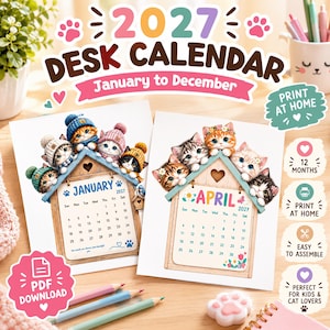 Puede incluir: Un calendario de escritorio 2027 en PDF imprimible con dos p&aacute;ginas para enero y abril. Cada p&aacute;gina muestra una cuadr&iacute;cula con forma de casa coronada por ilustraciones de gatitos con gorros de invierno y flores. Incluye texto.