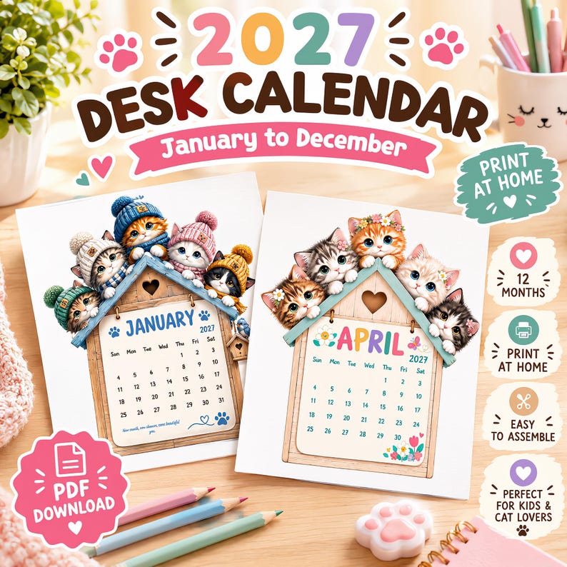 Puede incluir: Un calendario de escritorio 2027 en PDF imprimible con dos p&aacute;ginas para enero y abril. Cada p&aacute;gina muestra una cuadr&iacute;cula con forma de casa coronada por ilustraciones de gatitos con gorros de invierno y flores. Incluye texto.