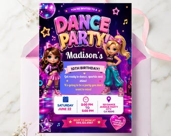 May include: A rectangular dance party invitation for Madison's 10th birthday featuring two cartoon characters, a disco ball, and neon text. The card includes event details for Saturday, June 22, from 2:00 PM to 5:00 PM at 123 Dance Avenue Party City.
