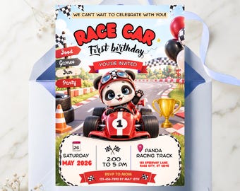 May include: A race car themed first birthday invitation card featuring a cartoon panda in a red race car with the number one. The text reads Race Car First Birthday, You're Invited, Saturday May 26 2026, 2:00 to 5 PM, Panda Racing Track, 123 Speedway Lane, Race City, ST 12345, and RSVP to Mom 123-456-7890 by May 15th.