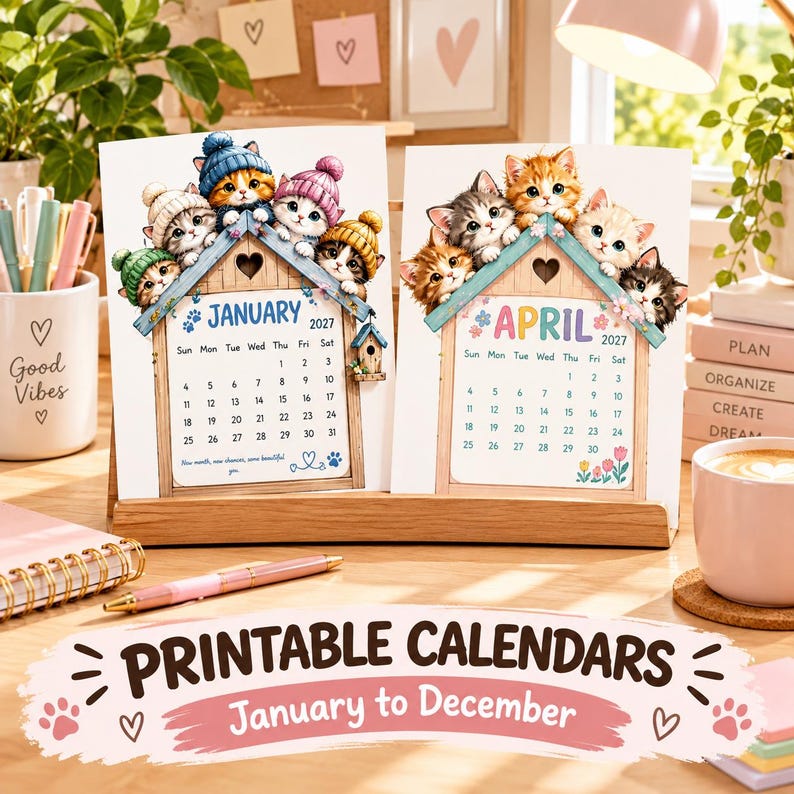 Puede incluir: Dos p&aacute;ginas de calendario imprimibles para enero y abril de 2027, cada una con ilustraciones de gatitos con gorros de invierno coloridos sobre un marco de casa de madera. La p&aacute;gina de enero incluye una pajarera y la de abril detalles florales.