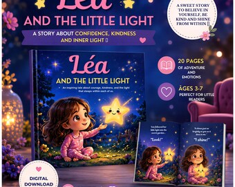 May include: A digital download children's book titled Léa and the Little Light, featuring a girl in pink pajamas interacting with a glowing star. The book contains 20 pages for ages 3-7, focusing on confidence and kindness, available to print at home.