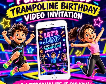 May include: A smartphone displaying a digital invitation with the text LET'S JUMP JOIN US FOR AN EPIC TRAMPOLINE BIRTHDAY PARTY. The screen shows cartoon children jumping on trampolines. The background features neon stars and text.