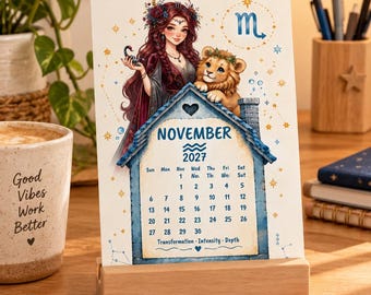 May include: A vertical desk calendar for November 2027 featuring an illustration of a woman with long red hair holding a scorpion, a lion cub, and the Scorpio zodiac symbol. The calendar includes the text November 2027 and Transformation-Intensity-Depth.