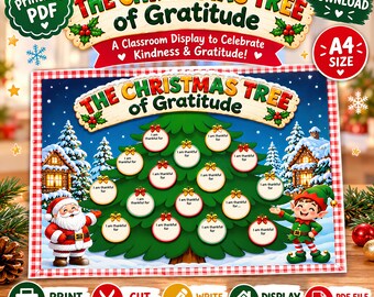 May include: A printable PDF digital download featuring a Christmas tree graphic with ornaments labeled I am thankful for. The design includes Santa Claus, an elf, and the text The Christmas Tree of Gratitude. A4 size format.