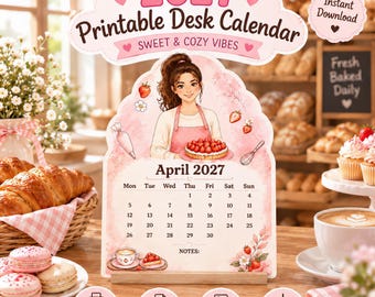 Puede incluir: Un calendario de escritorio imprimible para 2027 con un diseño en rosa y blanco, con una ilustración central de una persona sosteniendo una tarta de fresas. La página muestra abril de 2027, una sección de notas e iconos decorativos de fresas, un batidor y una manga pastelera.