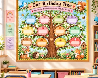 May include: A rectangular classroom bulletin board titled Our Birthday Tree featuring a large central tree with twelve colorful cloud-shaped labels for names, surrounded by illustrations of a blue bird, squirrel, deer, hedgehog, and fox.